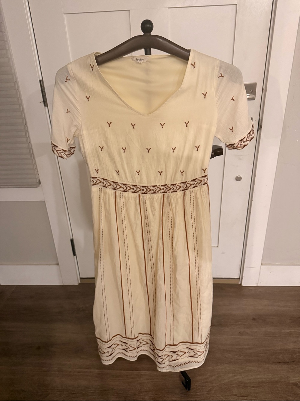 Cream Embroidered Midi Dress with Geometric Trim size Small
